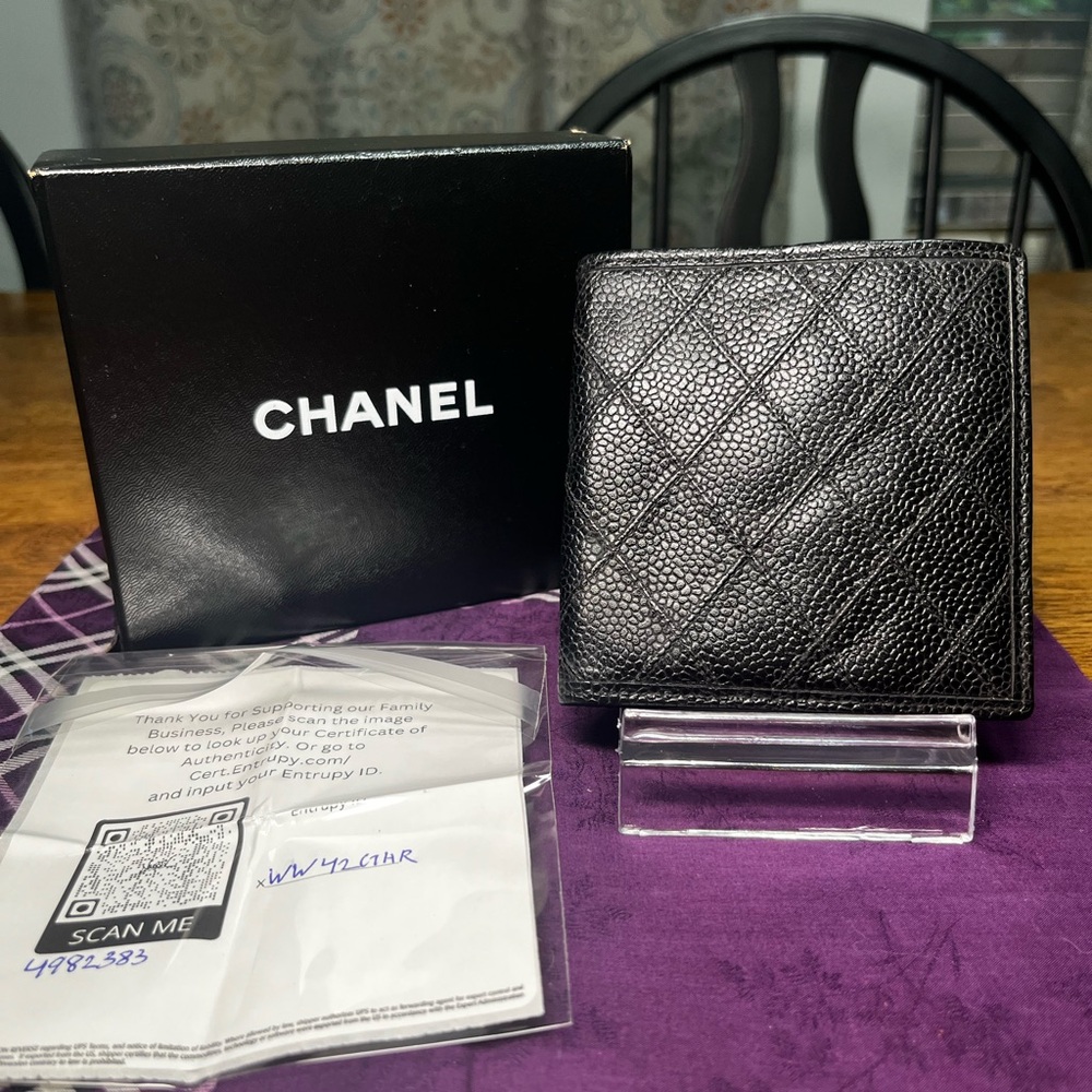 CHANEL Black Quilted Caviar Leather Bifold Wallet with Box